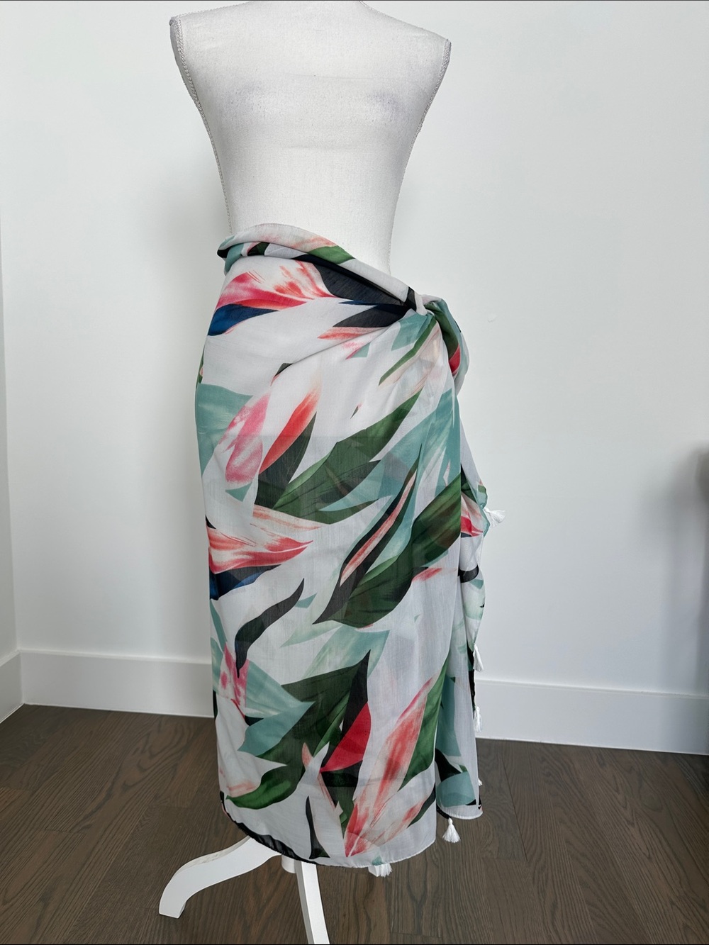 Tropical Leaf Swim Sarong Wrap - White with Green & Pink - New